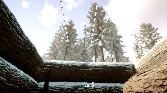 Sons of the Forest building guide: White guidelines show how to build a roof.