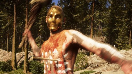 Sons of the Forest armor: One of the cannibals in Endnight's surival horror game, wearing the gold mask that's part of the Golden Armor set.