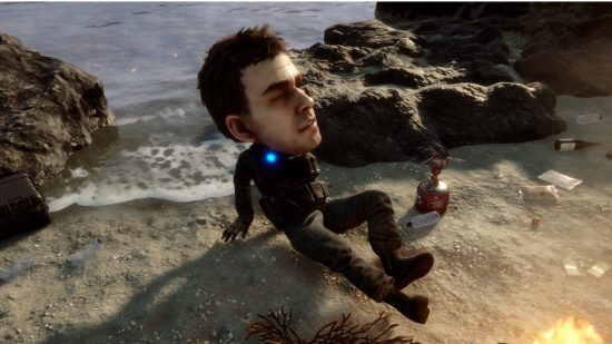 Sons of the Forset cheats: Big head mode, Kelvin sits by the ocean, with a larger than usual head.