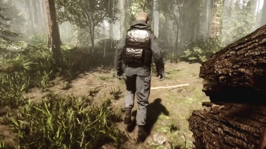 Sons of the Forest character creation: The player character, in first-person view, walks behind Kelvin, the AI companion, through the forest
