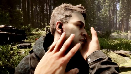 Sons of the Forest character creation: The player touches and looks at Kelvin's face in a bid to wake him from his head injury