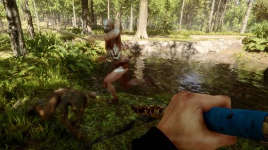 Sons of the Forest Combat Tips: Två kannibaler attackerar, när du håller upp ett spjut i försvar