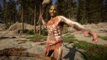 Sons of the Forest crossplay: A mutant wearing a gold mask attacks the player