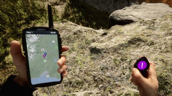 Sons of the Forest GPS locator: the player holds the GPS tracker in one hand, and a GPS locator in the other