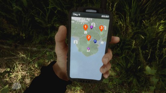 Sons of the Forest key card locations: the in-game GPS tracker map shows three keycard locations