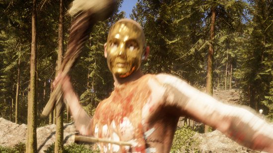 Sons of the Forest release time - here's when horror game hits Steam: A person in a metal mask swings a club over their head in PC horror game Sons of the Forest