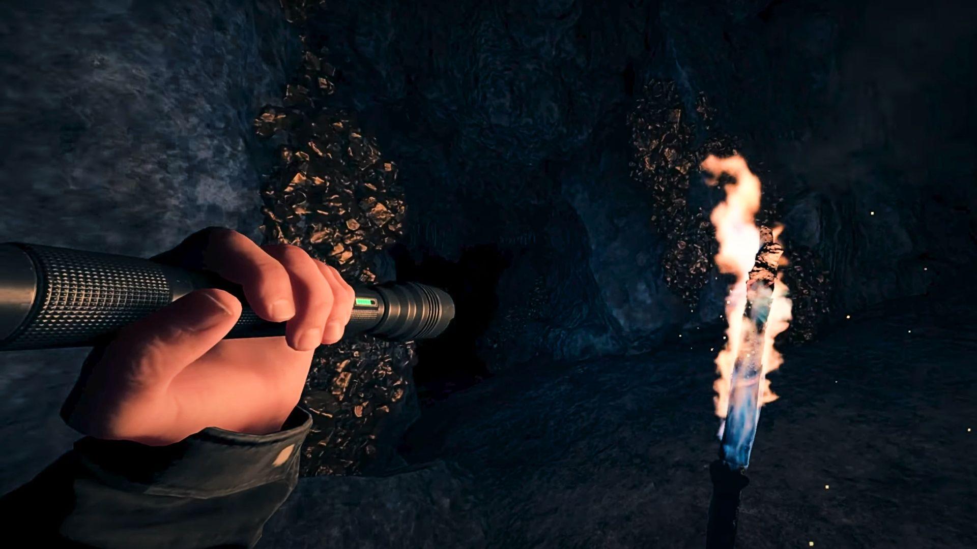 Sons of the Jungle rope gun: The main fork in the cave system that will take you to the rope gun position in Endnight's survival horror game characterized by piles of ore and bone.