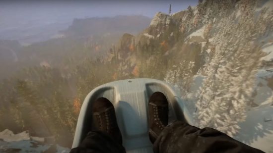 Sons of the Forest sled: The stranded protagonist of Endnight's survival game launches into the air aboard the sled, offering a stunning view of the forest below.