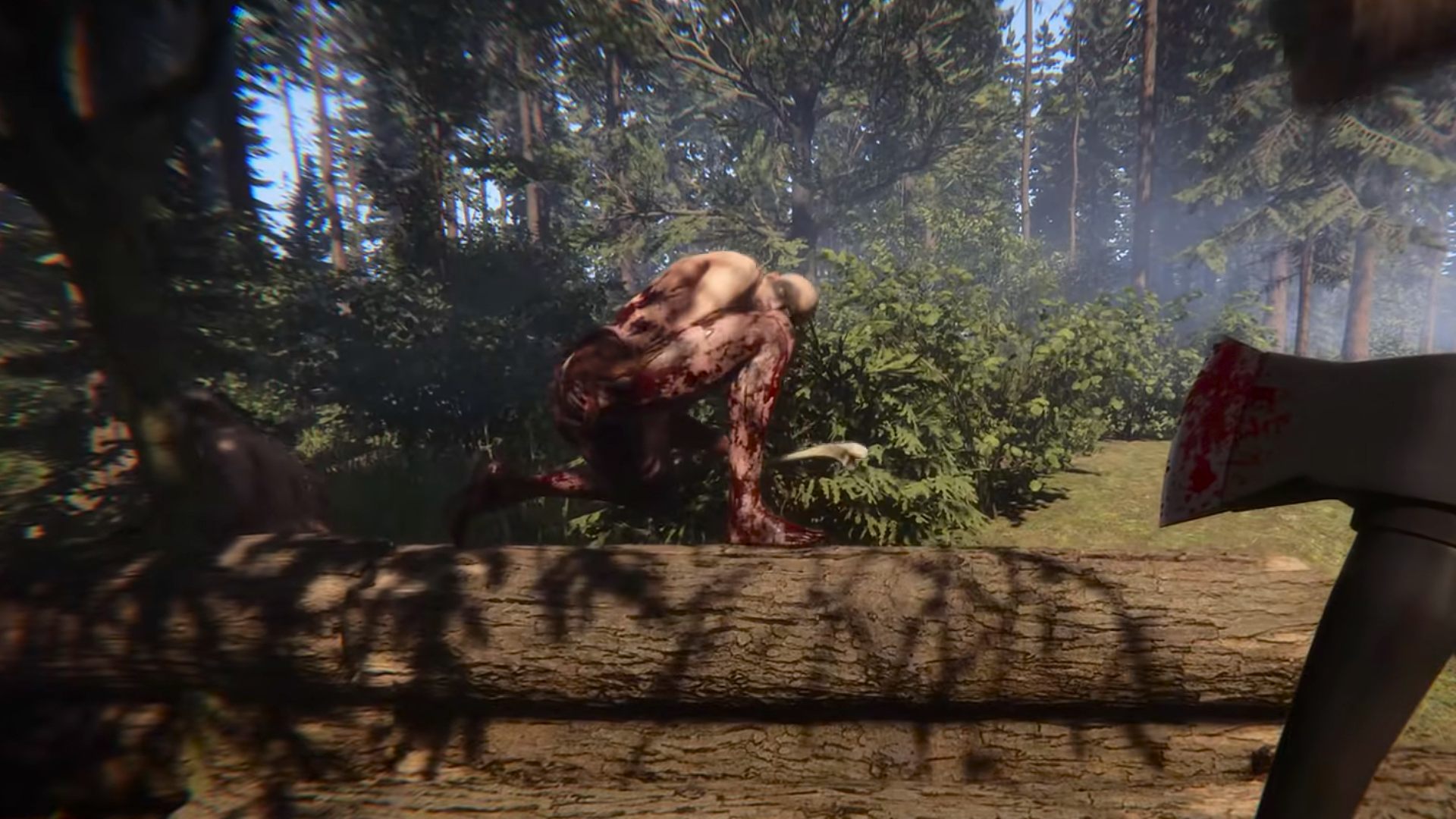 Sons of the Forest system requirements: screenshot of humanoid on fallen tree with player character holding axe