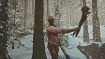 Sons of the Forest reivew: An an gry cannibal takes a swipe with a club.