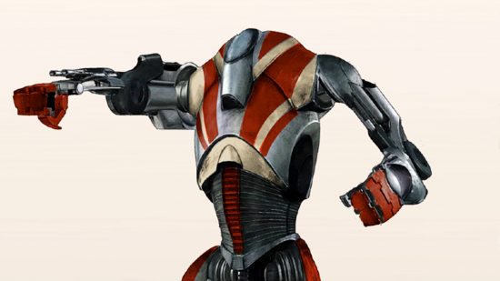 Star Wars Jedi Survivor droids - a B2 battle droid: a tall, metal robot with red and white markings and a missile launcher on its wrist