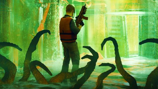 Steam horror game mixes Amnesia, Resident Evil, and cult hit Cold Fear: A man holding a rifle stands among a green background and tentacles in Steam horror game Beneath