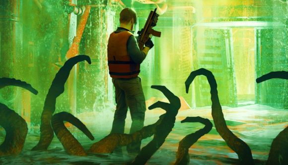 Steam horror game mixes Amnesia, Resident Evil, and cult hit Cold Fear: A man holding a rifle stands among a green background and tentacles in Steam horror game Beneath