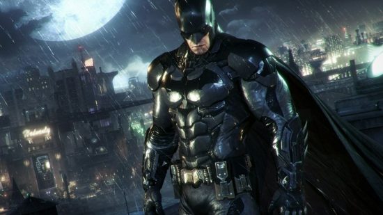 Steam sale marks Dark Knight's birthday with the best Batman games: A photo of Batman, a superhero wearing black armour and a black cape with a batlike mask on, standing over a moonlit city in the rain