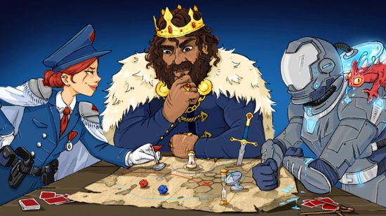 Steam sale TactiCon 2023 - a medieval king, modern military general, and space soldier gather around a war table with an old-fashioned map on it
