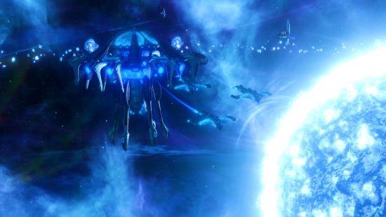 Stellaris DLC incoming, as Steam strategy game adds surprise new tech: A galactic battle, with glowing blue spaceships, in Steam strategy game Stellaris