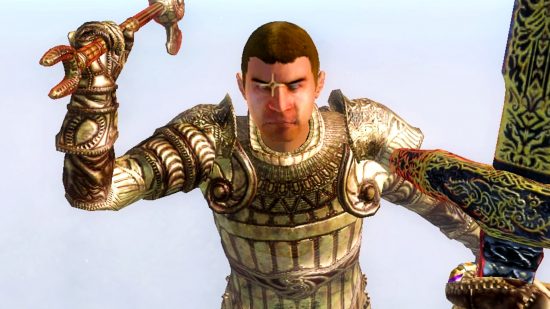 The Elder Scrolls Oblivion Morrowind crossover - a man in armour swings an axe at the player, who is holding a large, ornate sword