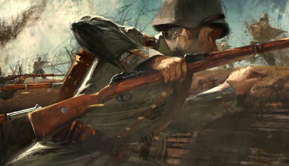 The Great War Western Front is a grim mix of RTS and classic wargames: A solider in World War I allied armour charges over the top of a trench with his bayonette in hand
