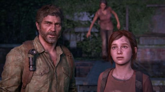 The Last of Us PC upgrade makes surviving the apocalypse too easy: Joel, in a green shirt and with a gret beard stands to the left, Ellie, with tied back brown hair and a red shirt stands to the right