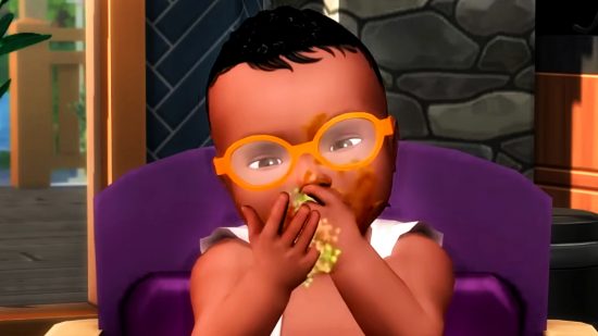 The Sims 4 expansion Growing Together - a small toddler with orange-rimmed glasses stuffs food into their face, making a real mess in doing so