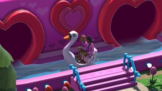 Two Point Campus free Steam game: Two women in pink sweaters ride a swan-shaped car on a Tunnel of Love attraction in Two Point Campus