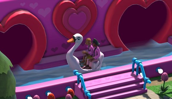 Two Point Campus free Steam game: Two women in pink sweaters ride a swan-shaped car on a Tunnel of Love attraction in Two Point Campus