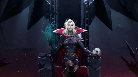 V Rising expansion release date: A female vampire with pointed ears, glowing red eyes, and long, wild white hair sits in a throne with blue magical energy coming from her right hand and a fanged skull in her left.