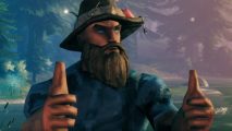 Valheim update 0.213.4 patch notes: A bearded Viking wearing a fishing hat covered in lures, he has a stern expression but is giving two thumbs up