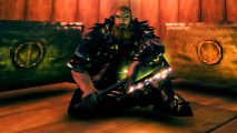 Valheim update Hildir's Quest - a bearded man in a feather cloak sits by two chests