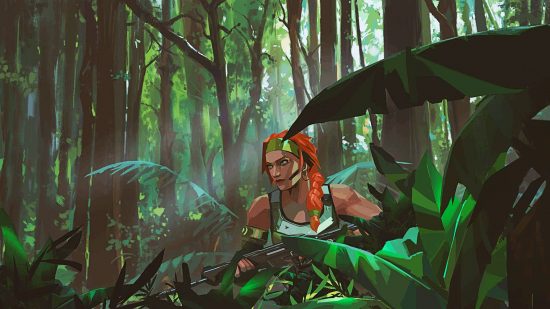 Valorant - Agnet Skye, seorang wanita yang berpakaian hijau dengan kancing merah panjang, menyelinap melalui hutan