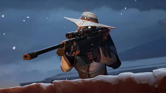 Valorant patch notes: 6.02 update helps you out against high ping: A man wearing a black mask and a wide-brimmed white hat with a golden ribbon around it sits with a sniper on a high ledge as snow falls around him