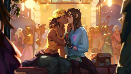A tanned woman wearing a backwards yellow snapback and a yellow tank top kisses a dark haired girl in a blue hoodie