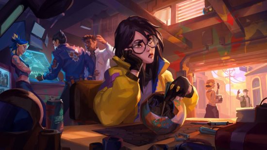 Valorant patch notes - 6.03 update nerfs the FPS' cutest couple: A young woman wearing round glasses with black hair and a yellow puffer jacket sits looking confused holding a robot