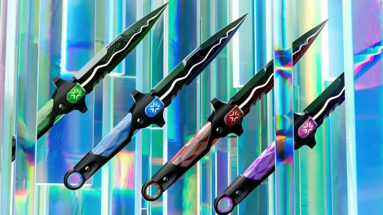 A set of four different combat knives with blue, green, red, and purple crystalline inlays on a crystal background