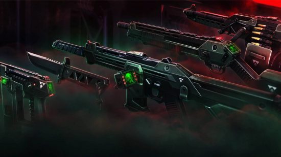 A collection of spooky black weapons with green inlays and a sensor showing a body