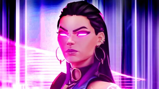 Valorant Windows support - Reyna, a long-haired woman with large hoop earrings, glowing purple eyes, and a stern expression