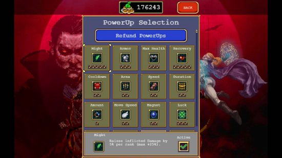 The Vampire Survivors power ups screen showing all of the available to upgrade perks that can appear in-game.
