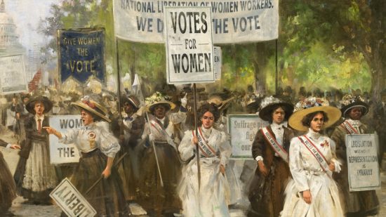 Victoria 3 update 1.2 UX updates: A group of suffragettes march holding Votes for Women signs in a painting created for Victoria 3