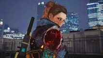 Wanted Dead reviews hack up the soulslike, and it's a massacre: A woman with brown hair in a ponytail looks over her shoulder covered in blood with a cityscape in the background