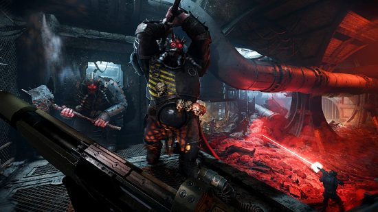 Catatan tambalan Warhammer 40k Darktide - tampilan orang pertama dari dua orang biadab besar yang mendekat, memegang gada berat