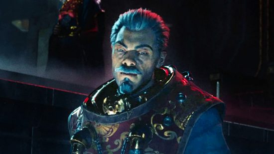 Warhammer 40k Darktide patch notes - a soldier with grey hair and goatee looks down at monitors in an operation room