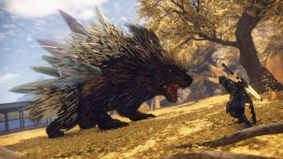 Wild Hearts trial: A gigantic monstrous porcupine roars at a small warrior in a field covered in yellow fall leaves.
