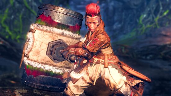 Wild Hearts PC performance fix - a character with a pink-tipped mohawk plants their feet and shifts their weight to swing a giant hammer in a circle around them