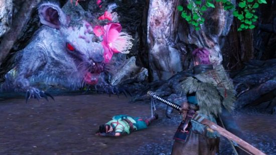 Wild Hearts PC - a giant rodent, a Ragetail, looks through a gap in some trees at a woman on the floor, as a hunter nearby stands guard over the fallen woman