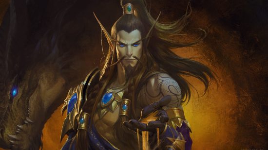WoW patch notes finally add cross-realm Mythic raiding to Dragonflight: An elf with long ears and a beard looks into the camera holding sand that pours from between his fingers as the wind makes his long black hair flutter in a ponytail on a brown background with a shadowy dragon on his left
