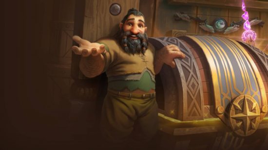The WoW trading post release date is finally here, but it's broken: A dwarf with black hair and a braided black beard wearing simple brown clothes stands in front of a huge ornate chest beckoning the camera in