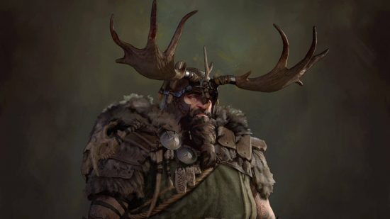 Best Diablo 4 Druid builds - a bearded man with fur coats and a deer horn helmet.
