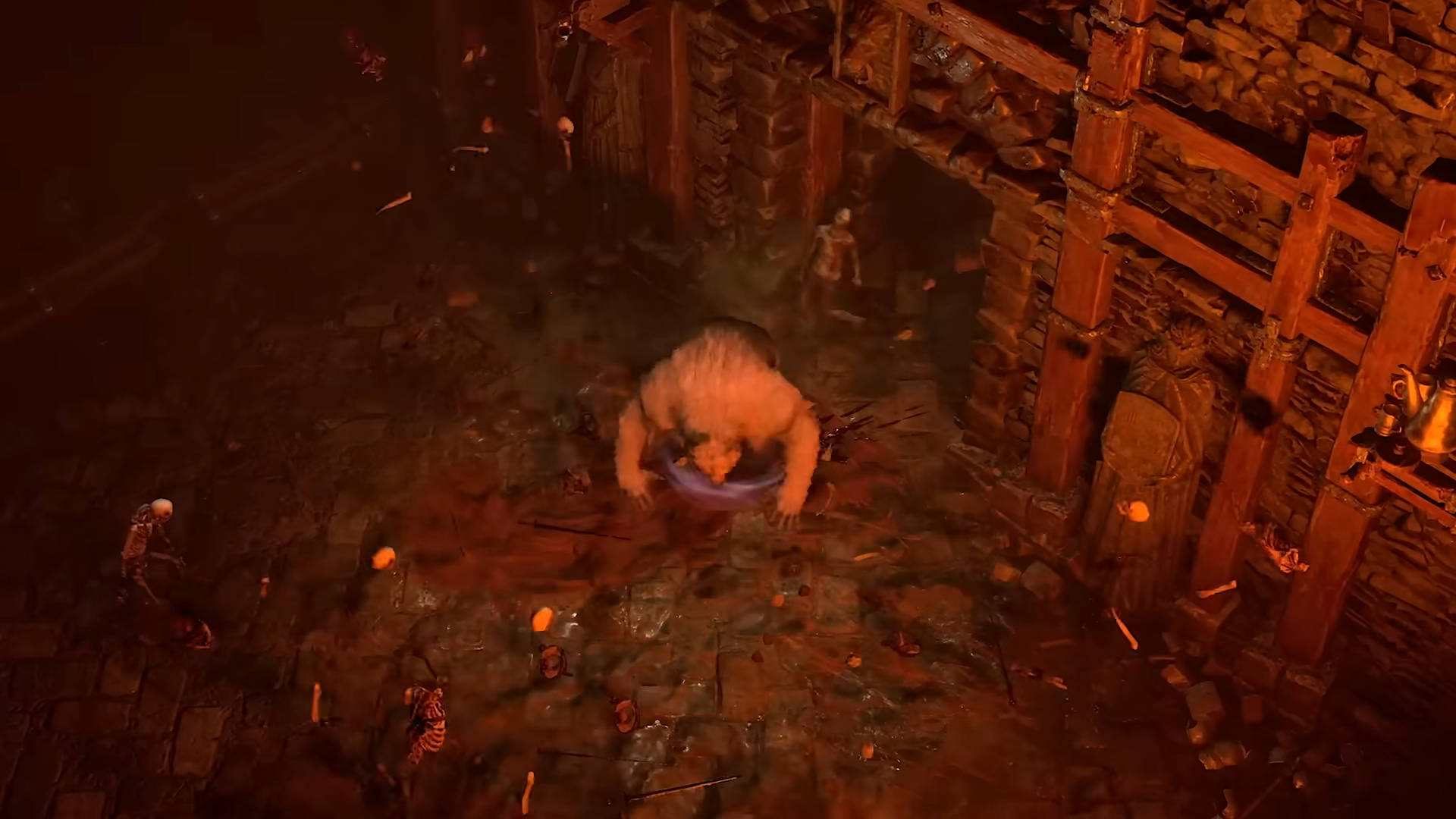 Лучшие билды друидов в Diablo 4 — медведь-оборотень, разрывающий несколько скелетов в гробнице.