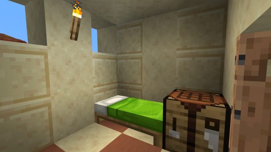 Minecraft Villageの建設方法：砂漠の村の家の中のライムグリーンベッド。