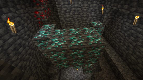 Minecraft seeds: diamonds seed - a large vein of diamonds surrounded by other ore and deepslate.
